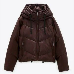 Zara Burgundy Faux Leather Hooded Puffer Jacket, Women's